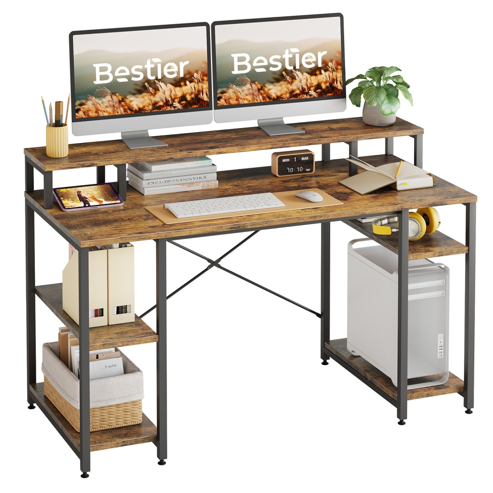 Bestier 56inW Student Desk With Monitor Stand & Storage Shelf, Rustic Brown MPN:D074G-RST