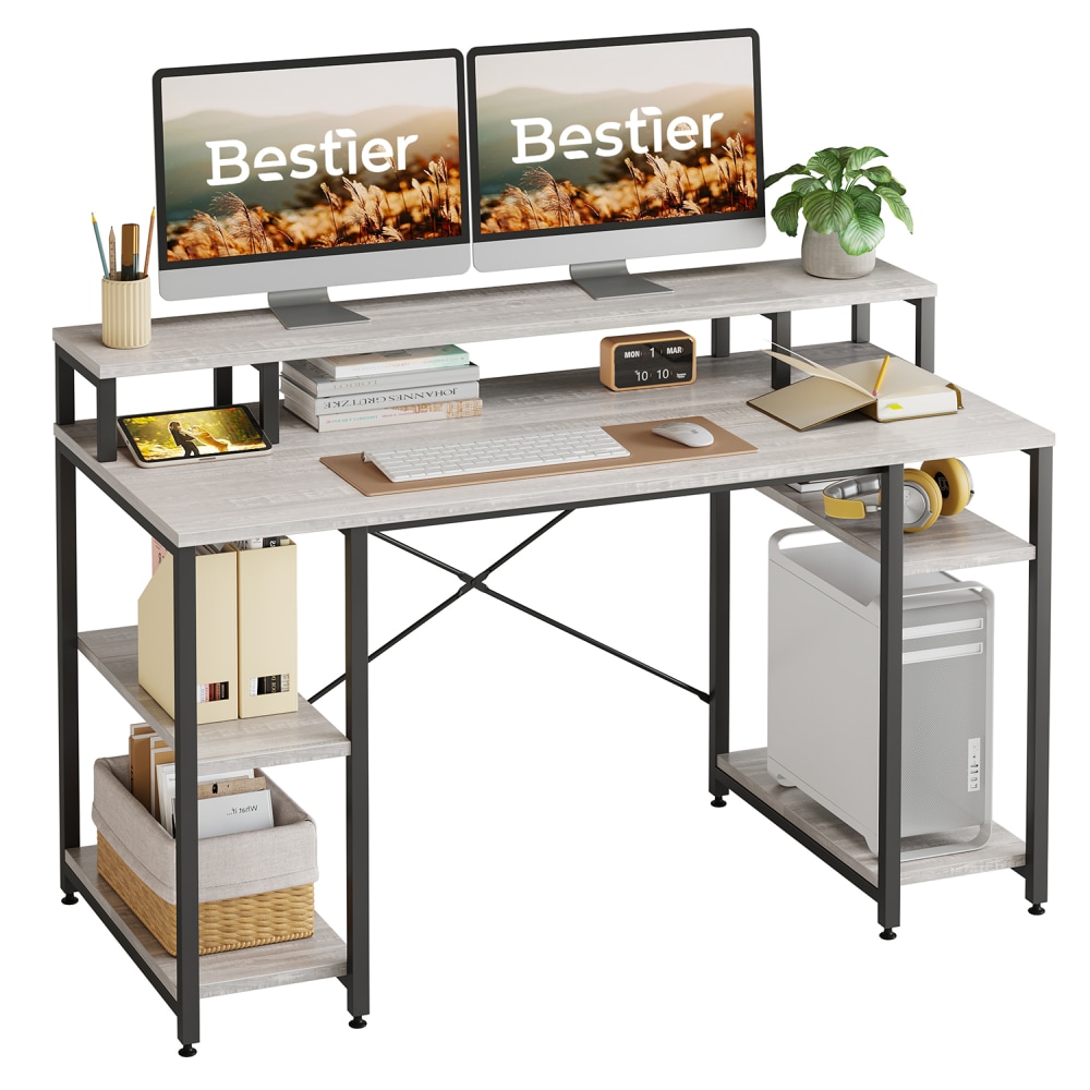 Bestier 56inW Student Desk With Monitor Stand & Storage Shelf, Gray MPN:D074G-WHTW