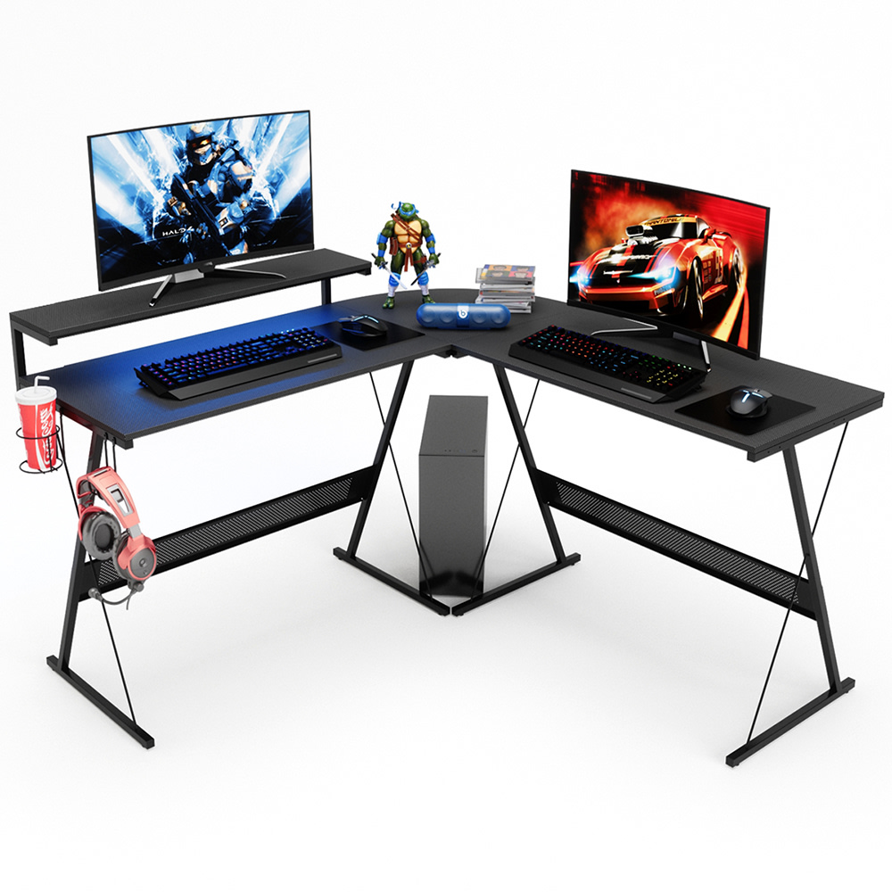Bestier L-Shaped RGB Gaming Desk With Monitor Stand & Multi-Function Hooks, 56inW, Black Carbon Fiber MPN:D094I-BLK