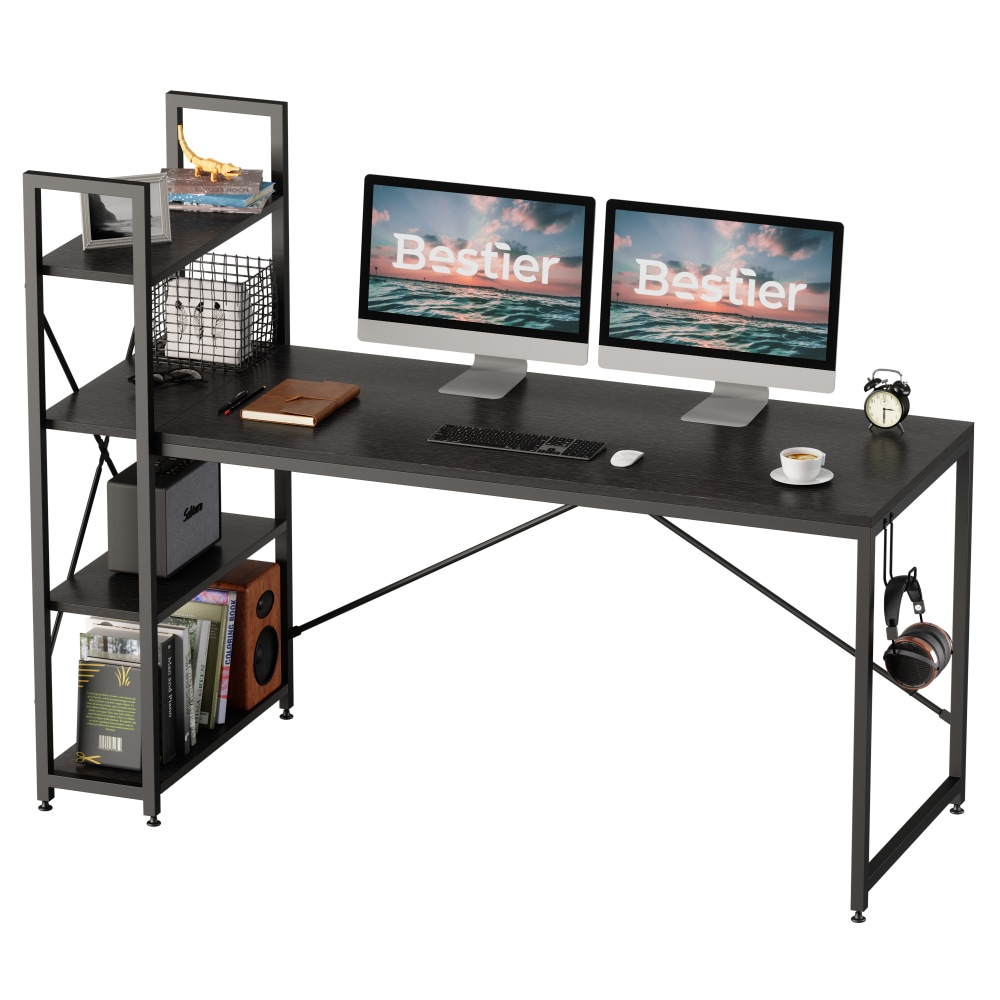 Bestier Modern Office Desk With Storage Shelf & Headset Hook, 63inW, Black Grained MPN:D226V-BLKG
