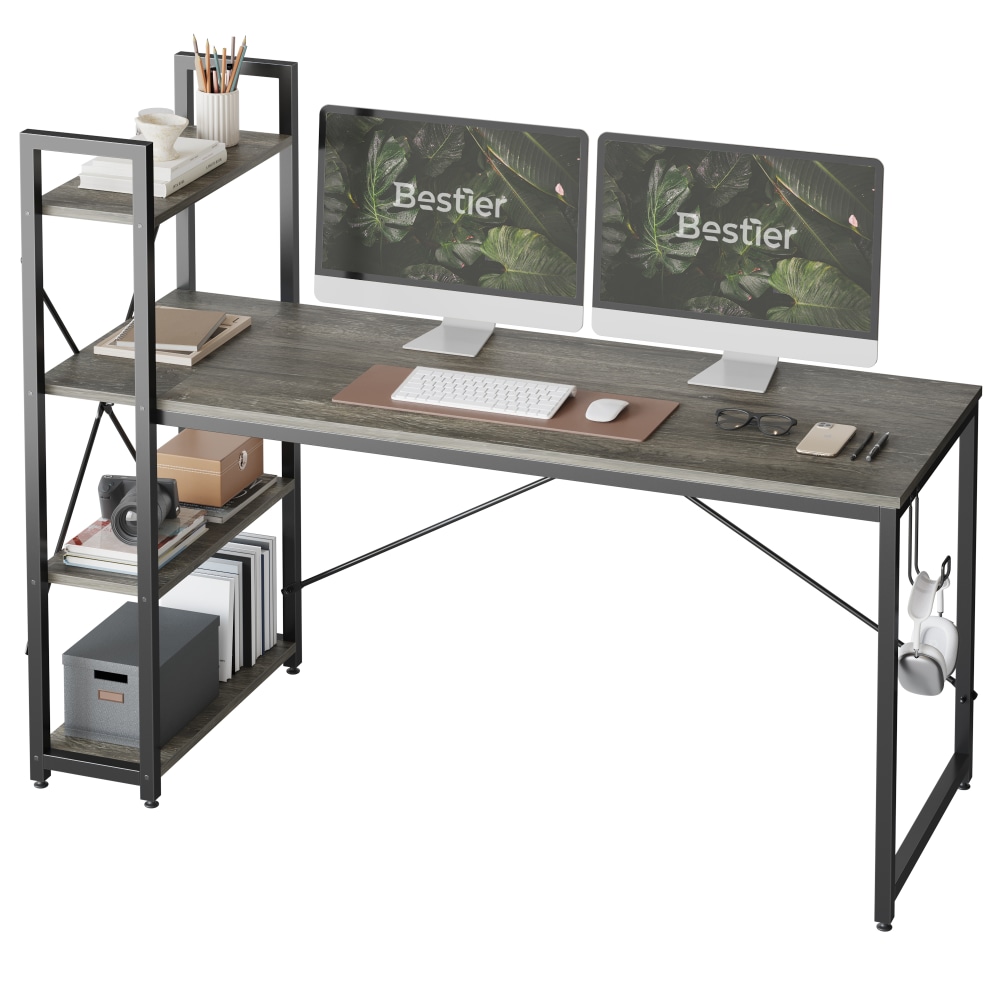 Bestier Modern Office Desk With Storage Shelf & Headset Hook, 63inW, Retro Gray Oak Dark MPN:D226V-GRY