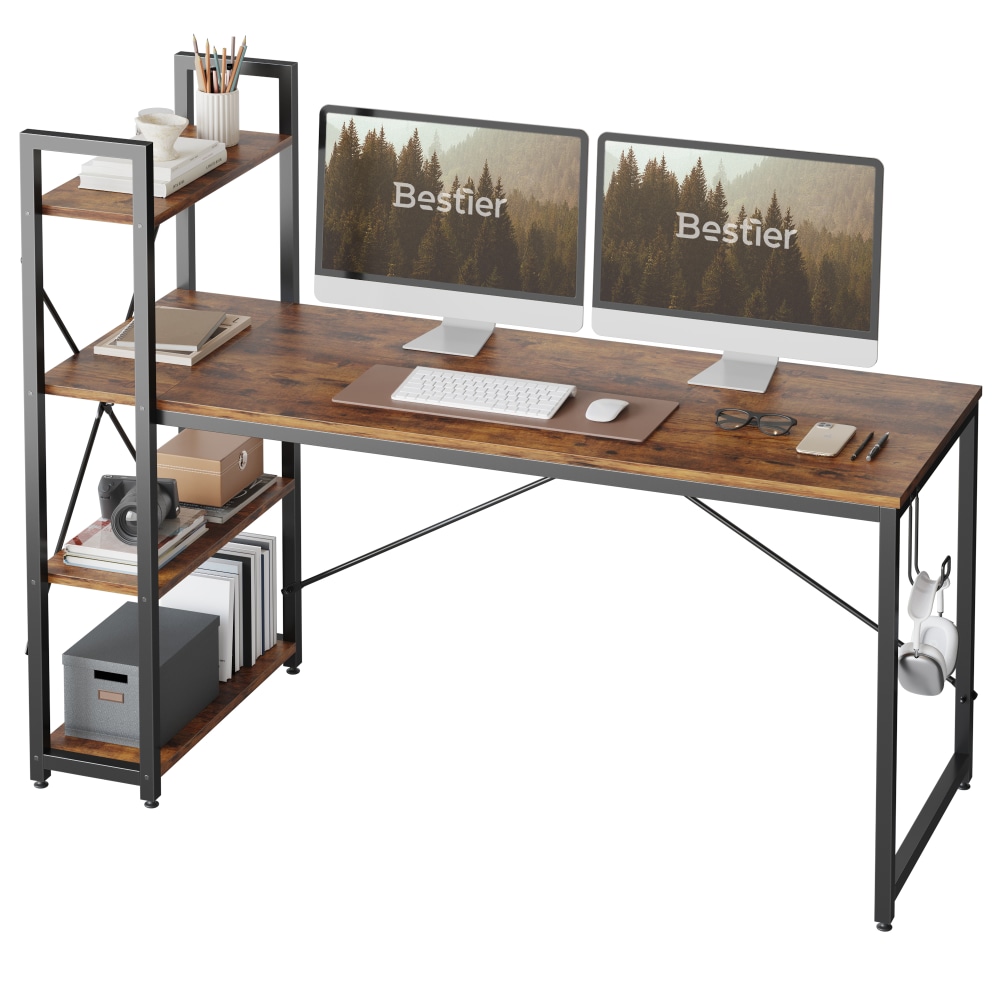Bestier Modern Office Desk With Storage Shelf & Headset Hook, 63inW, Rustic Brown MPN:D226V-RST