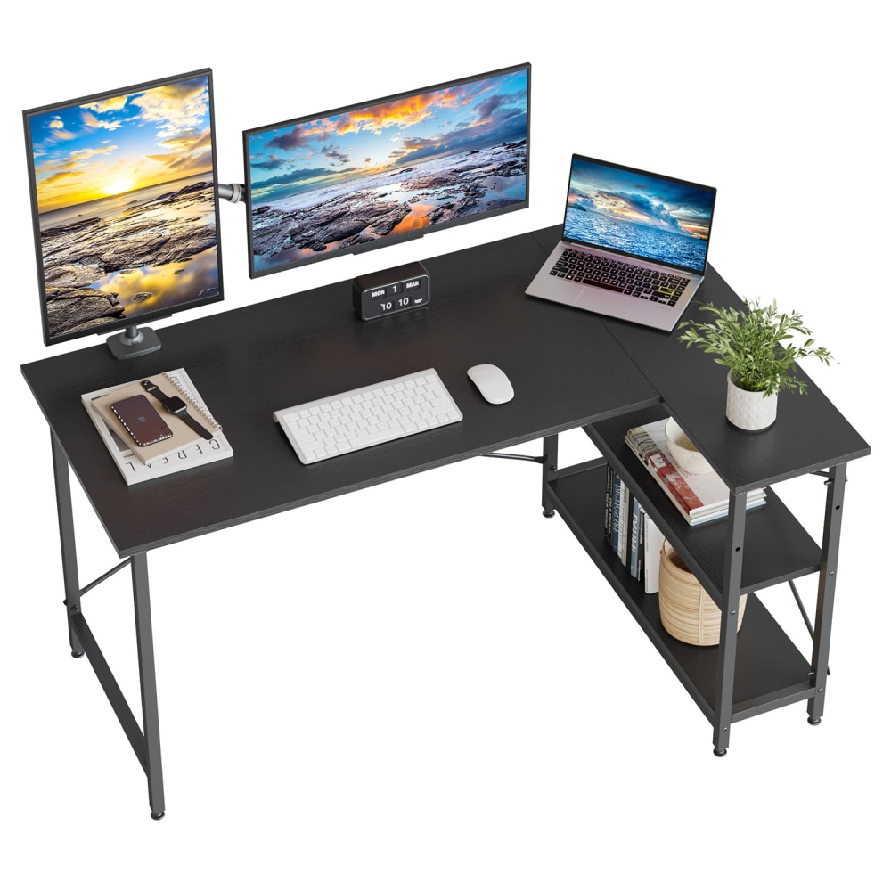 Bestier L-Shaped Corner Desk With Storage Shelf, 56inW, Grained Black MPN:D244X-BLK