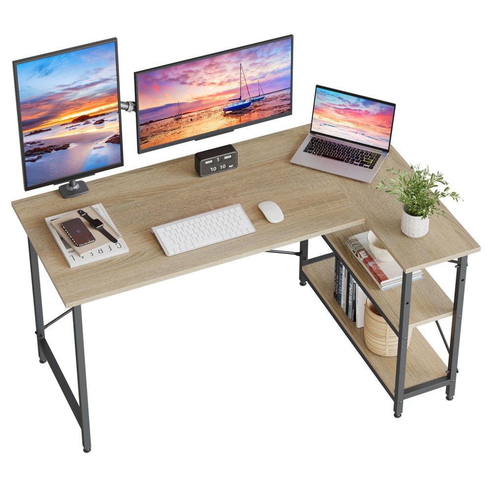 Bestier L-Shaped Corner Desk With Storage Shelf, 55inW, Light Oak MPN:D244X-OAK