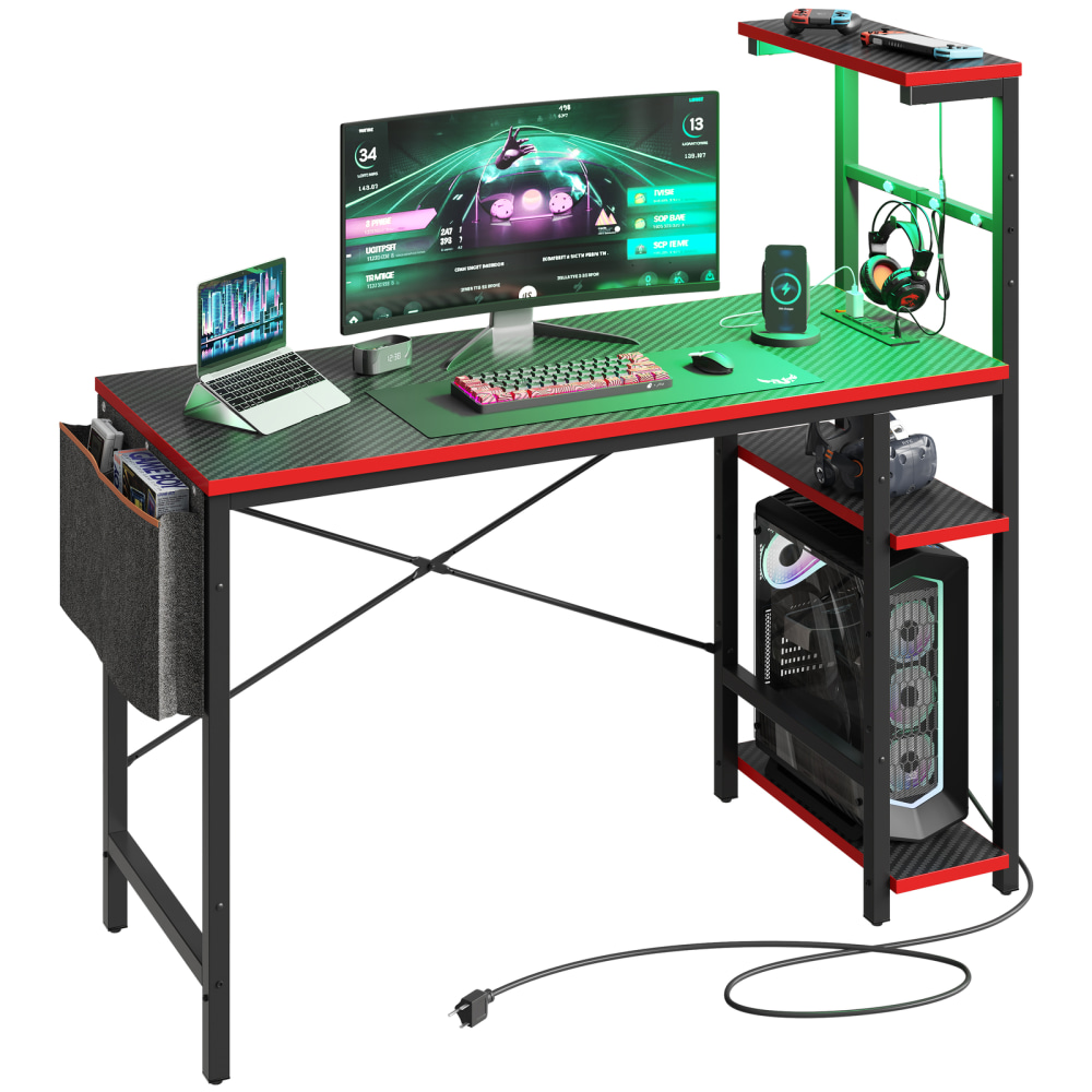 Bestier LED Gaming Computer Desk With Power Outlets, Shelves, Hook & Side Bag, 45inW, Carbon Fiber Black MPN:D471ZUS-BDCF