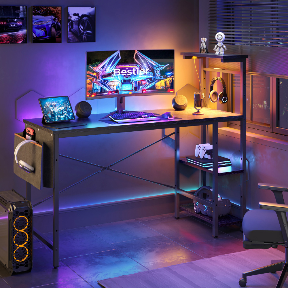 Bestier RGB Gaming Desk With Storage Shelf & Side Pocket, 52inW, Black Grained MPN:D513S-BLKG