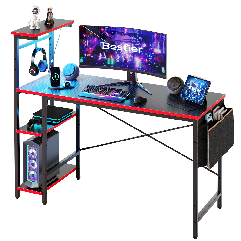 Bestier RGB Gaming Desk With Storage Shelf & Side Pocket, 52inW, Black Carbon Fiber MPN:D513S-GAMD