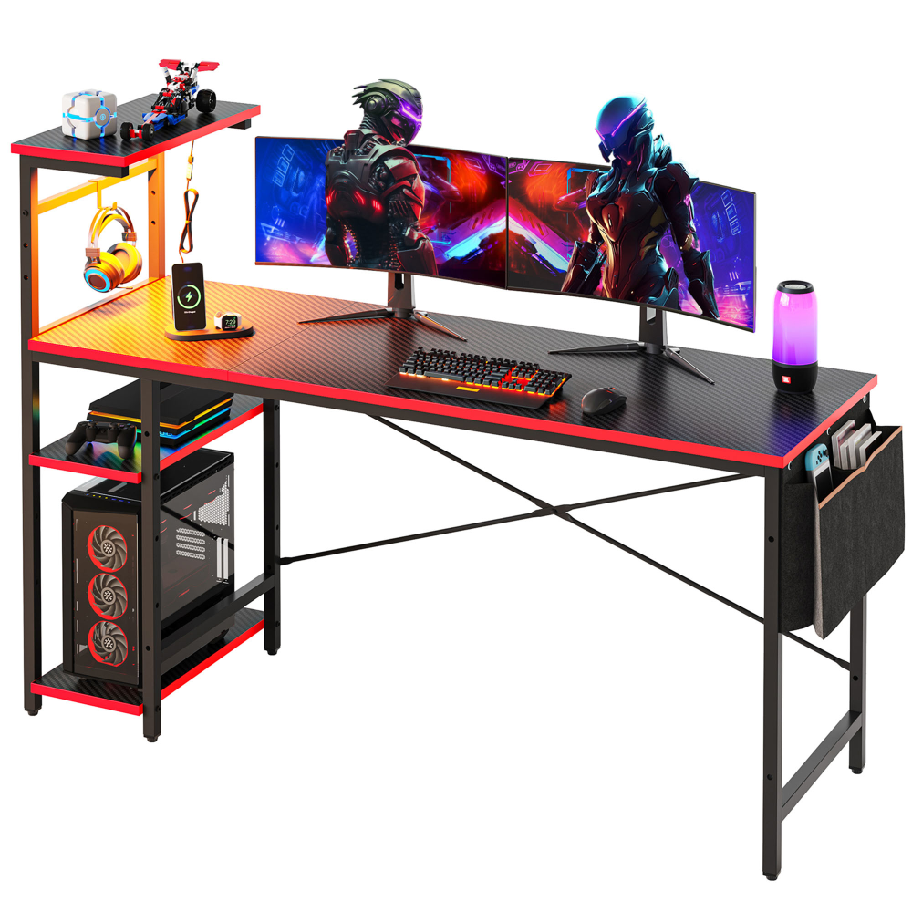 Bestier RGB Gaming Desk With Storage Shelf & Side Pocket, 62inW, Black 3D Carbon Fiber MPN:H101116G-BDCF