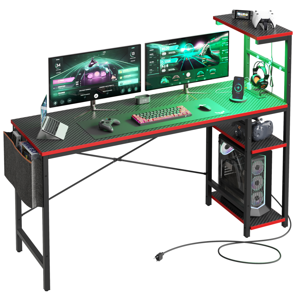 Bestier LED Gaming Computer Desk With Power Outlets, Shelves, Hook & Side Bag, 61inW, Carbon Fiber Black MPN:H101116GUS-BDCF