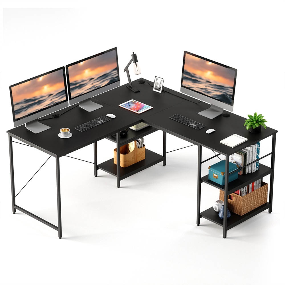 Bestier L-Shaped Corner Computer Desk With Storage Shelf, 3 Cable Holes, 60inW, Grained Black MPN:BEST-15158-D31BLK