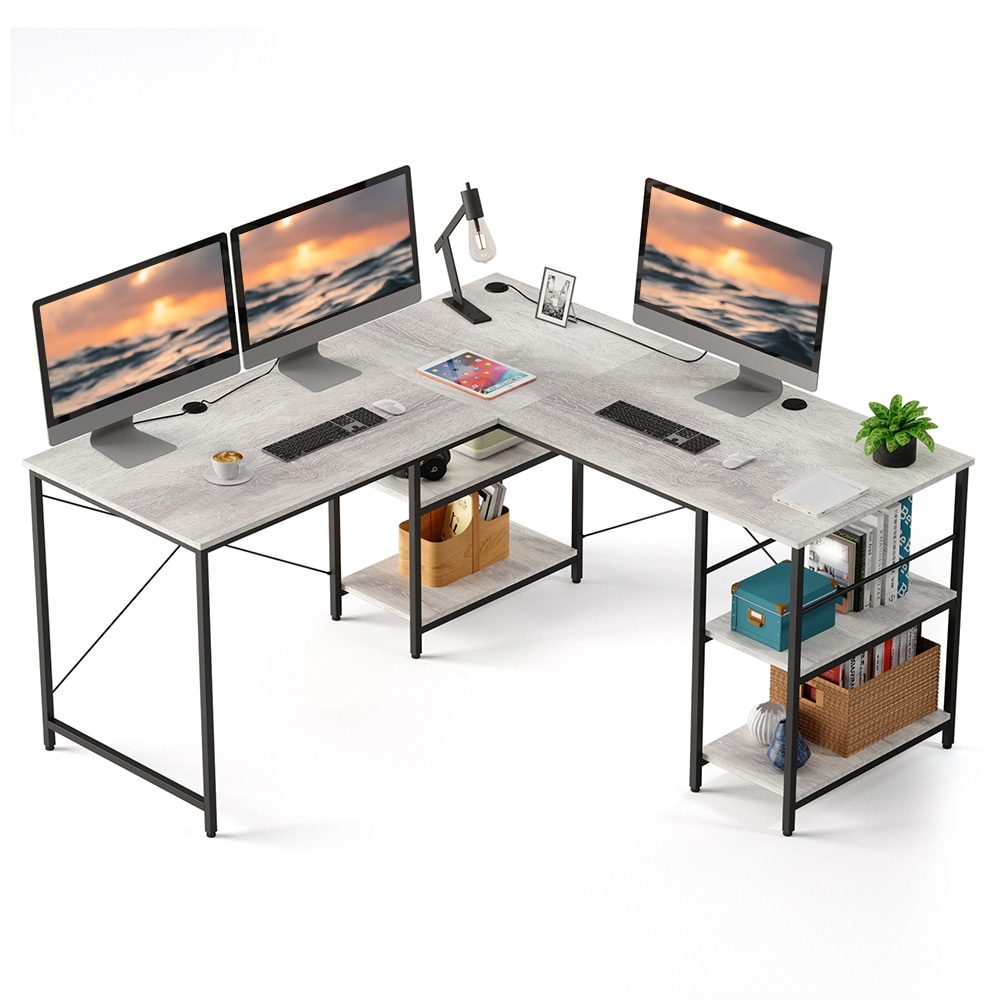Bestier L-Shaped Corner Computer Desk With Storage Shelf, 3 Cable Holes, 60inW, Light Retro Gray Oak MPN:BEST-15158-D31BSH