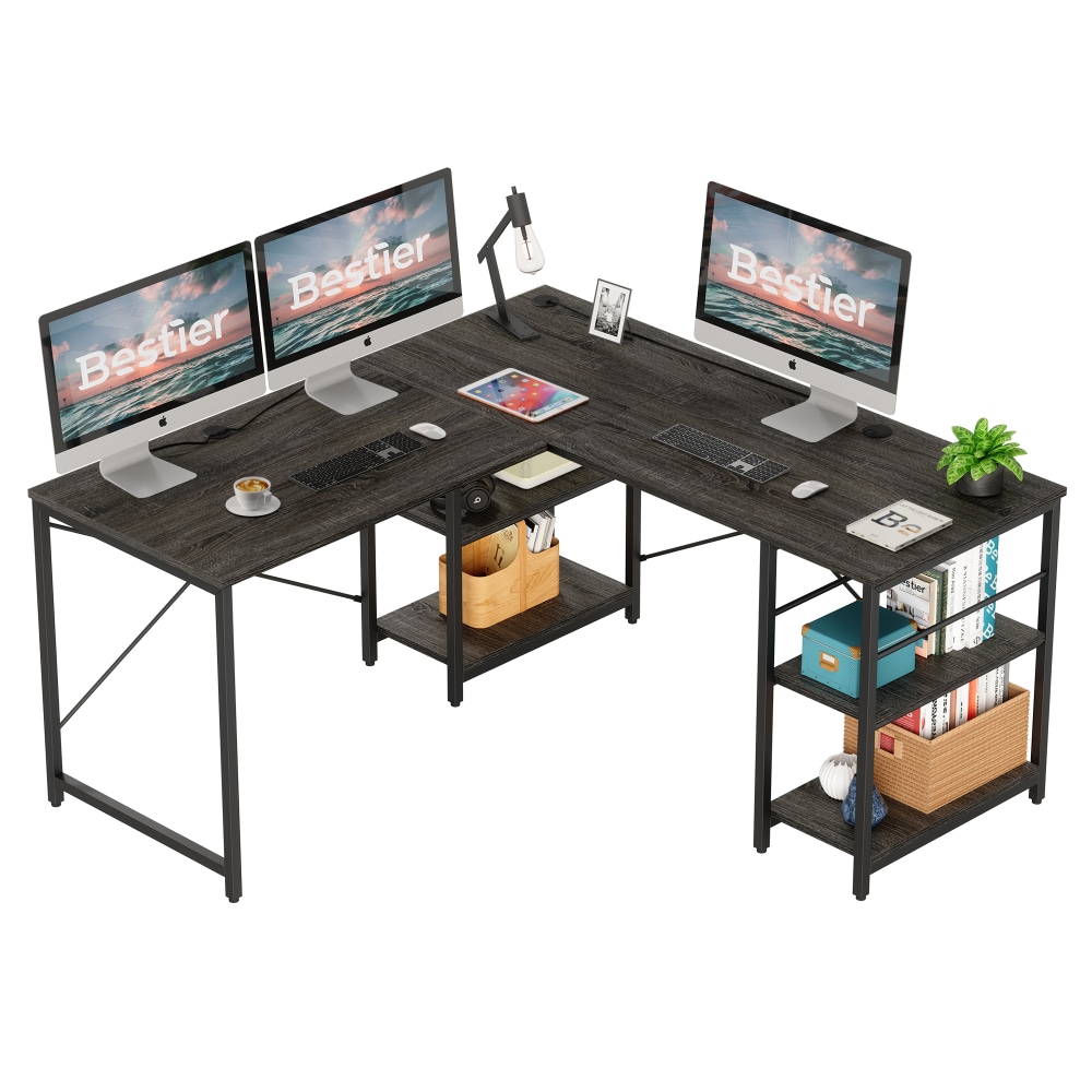 Bestier L-Shaped Corner Computer Desk With Storage Shelf, 3 Cable Holes, 60inW, Charcoal MPN:BEST-15158-D31CHAL