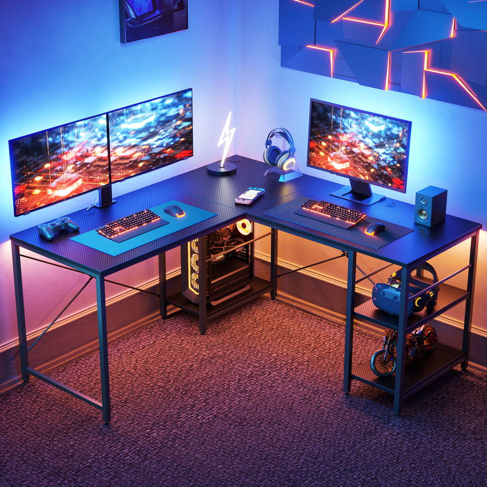 Bestier L-Shaped Corner Computer Desk With Storage Shelf, And Cord Management, 60inW, Black Carbon Fiber MPN:BEST-15158-D31GAM