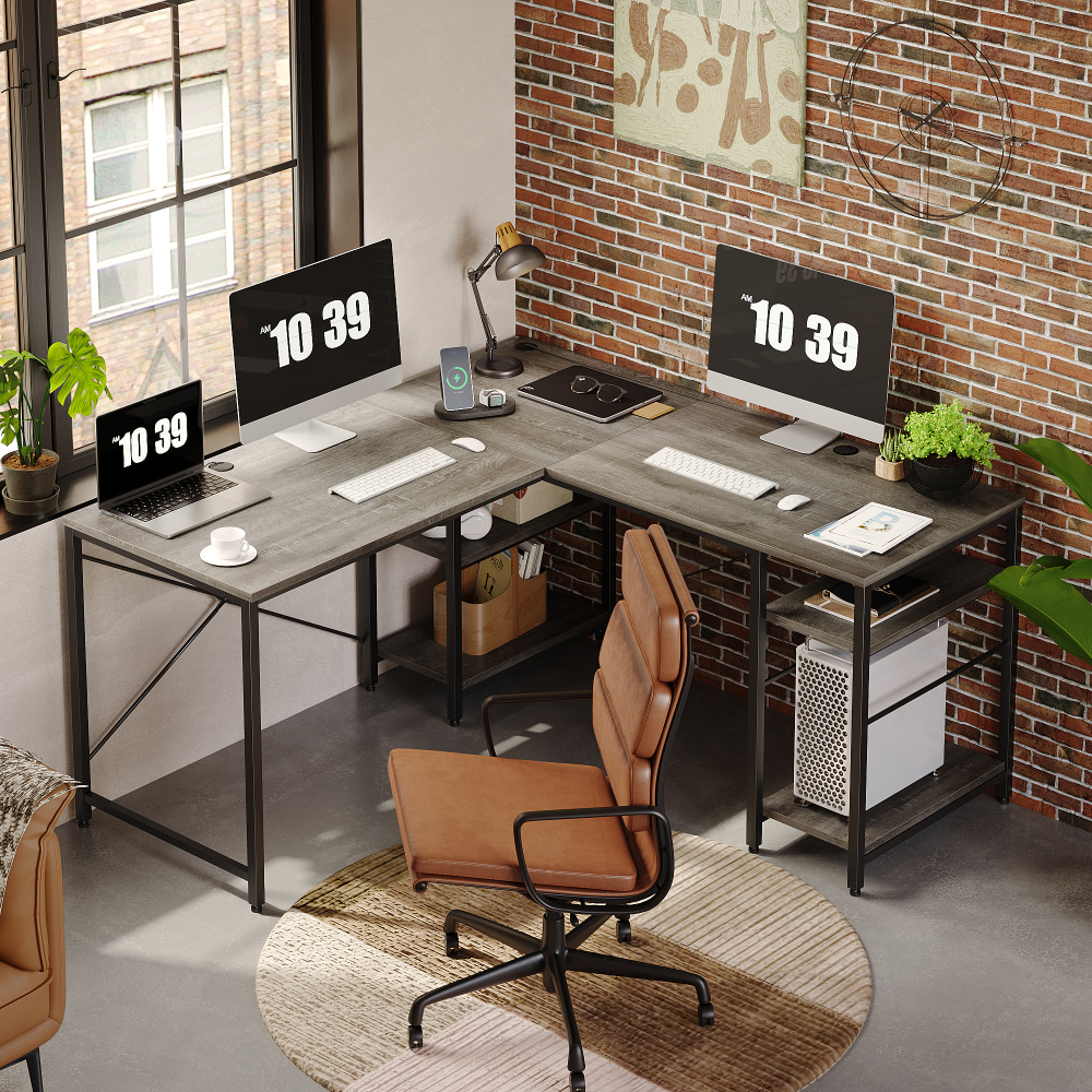 Bestier L-Shaped Corner Computer Desk With Storage Shelf, And Cable Management, 60inW, Dark Retro Gray Oak MPN:BEST-15158-D31GRY