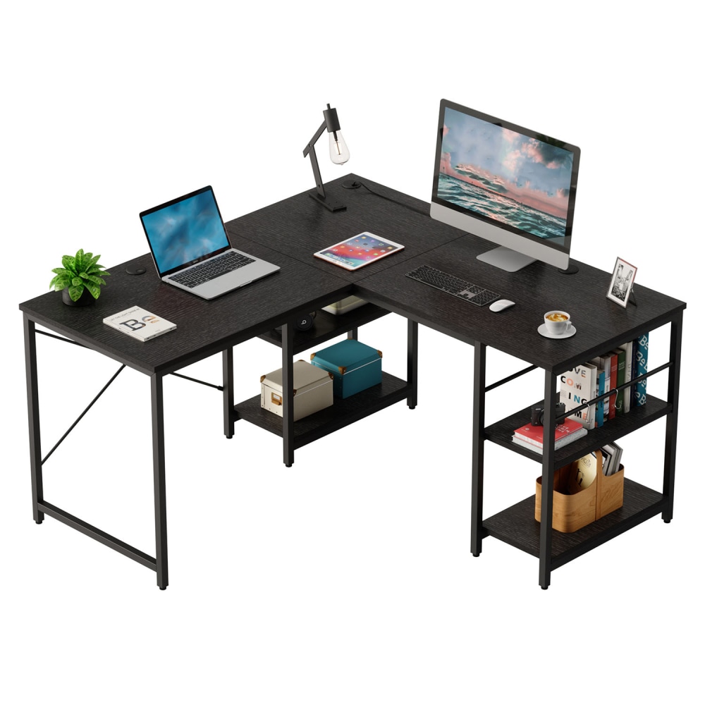 Bestier L-Shaped Corner Computer Desk With Storage Shelf, 3 Cable Holes, 56inW, Grained Black MPN:D464Y-BLKG
