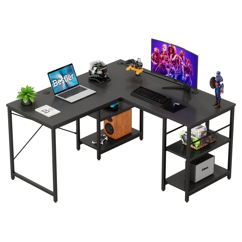Bestier L-Shaped Corner Computer Desk With Storage Shelf, 3 Cable Holes, 56inW, Black Carbon Fiber MPN:D464Y-GAMD