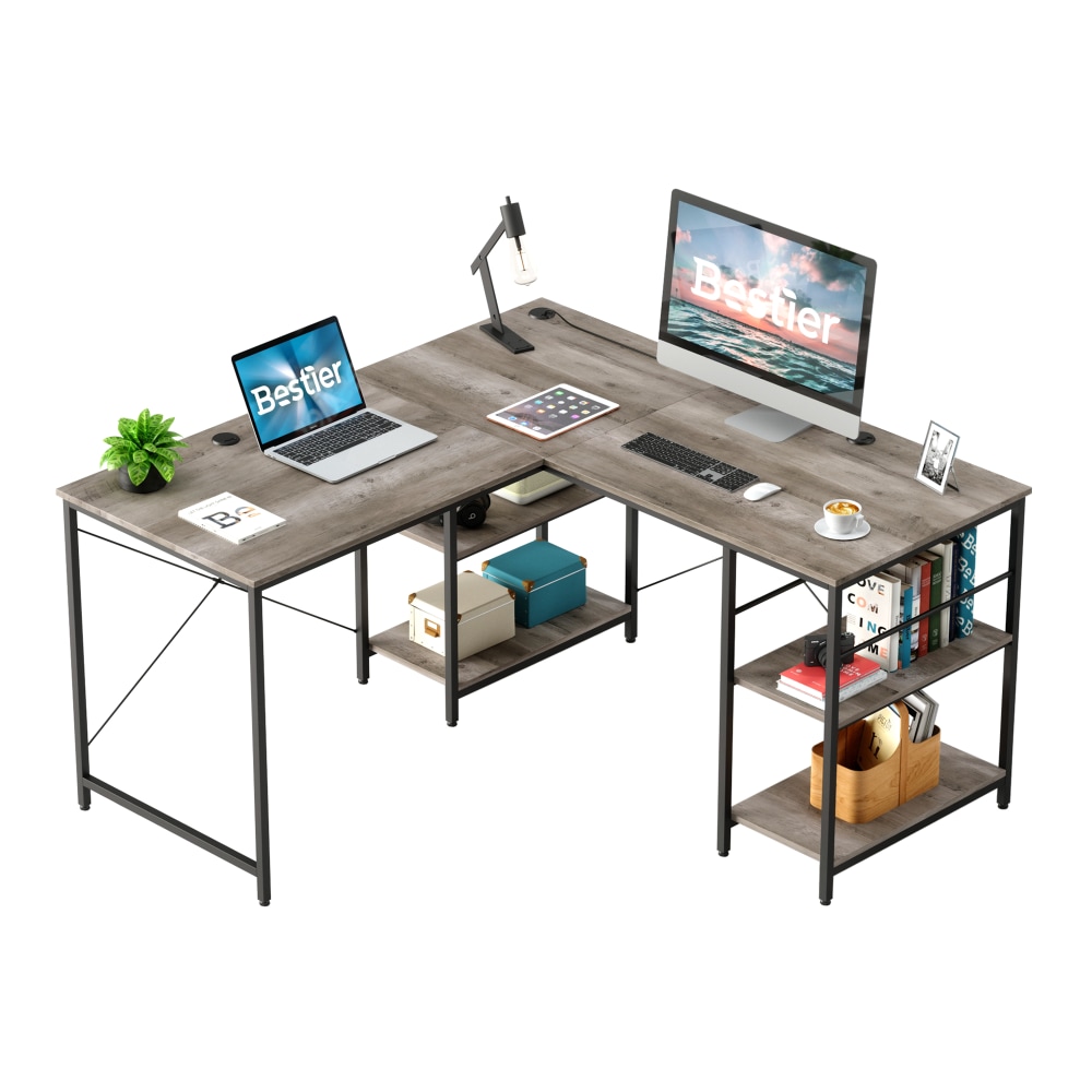 Bestier 56inW L-Shaped Corner Desk With Storage Shelf & 3 Cable Holes, Gray Wash MPN:D464Y-GRYW