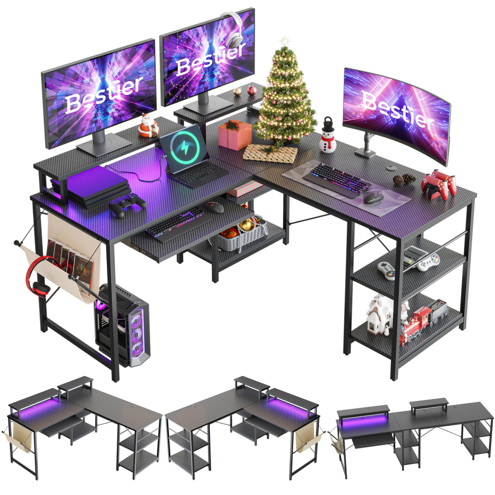 Bestier L-Shaped Corner Computer Desk With Storage Shelf, Monitor Stands, Side Pocket And Tray, 60inW, Black Carbon Fiber MPN:D505R-GAMD