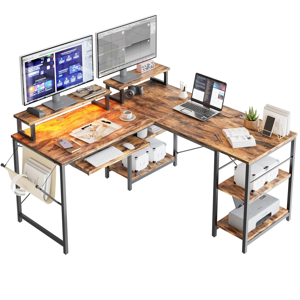 Bestier 59inW L-Shaped Corner Desk With Monitor Stand, Storage Shelf, Side Pocket, Tray, Rustic Brown MPN:D505R-RST