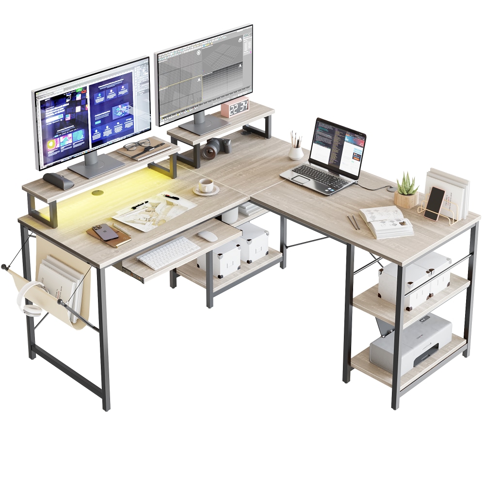 Bestier L-Shaped Corner Computer Desk With Storage Shelf, Monitor Stands, Side Pocket And Tray, 60inW, White MPN:D505R-WHTW