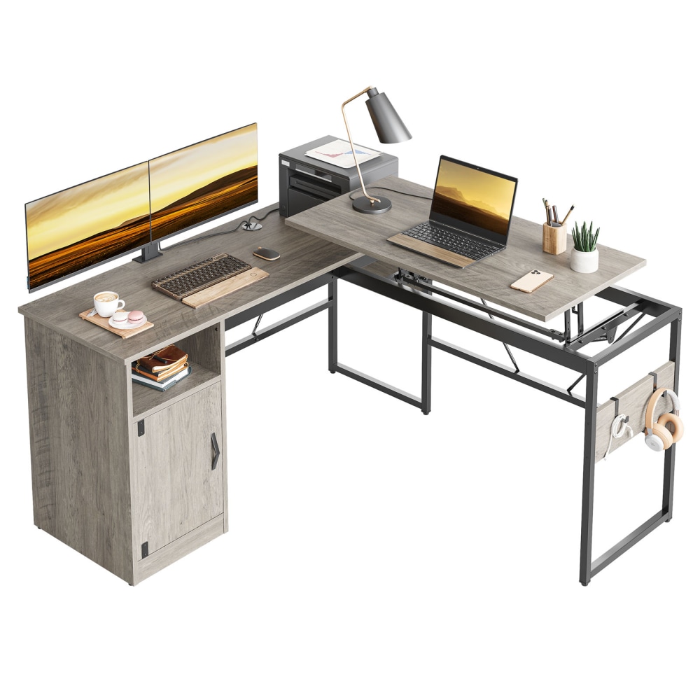 Bestier 60in L Shaped Standing Desk with Storage Cabinet, Adjustable Height Corner Desk for Home Office, Dual Monitor Gaming Workstation, Gray Wash MPN:H100824B-GRYW