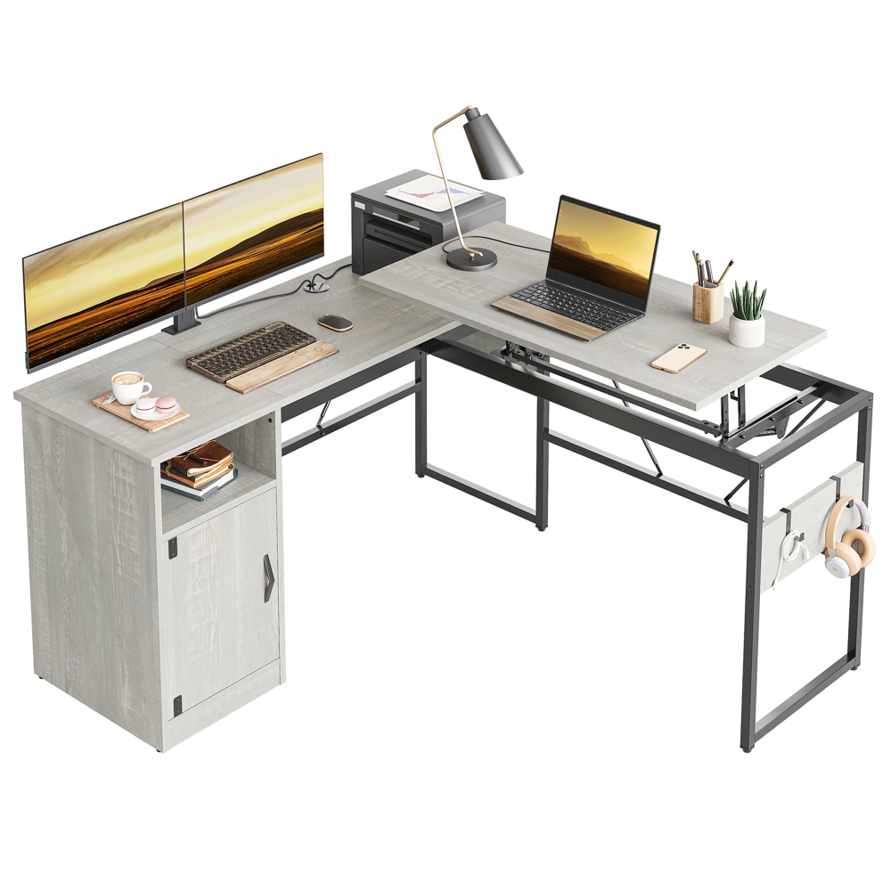 Bestier Bestier 60in L Shaped Standing Desk with Storage Cabinet, White Wash, H100824BWHTW MPN:H100824B-WHTW