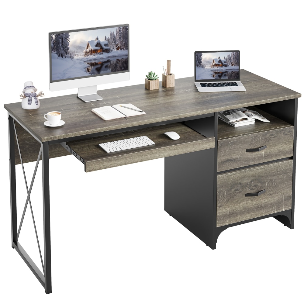 Bestier 56inW Office Desk With Drawers & Tray, Retro Gray Oak Dark MPN:D374Q-RGOD