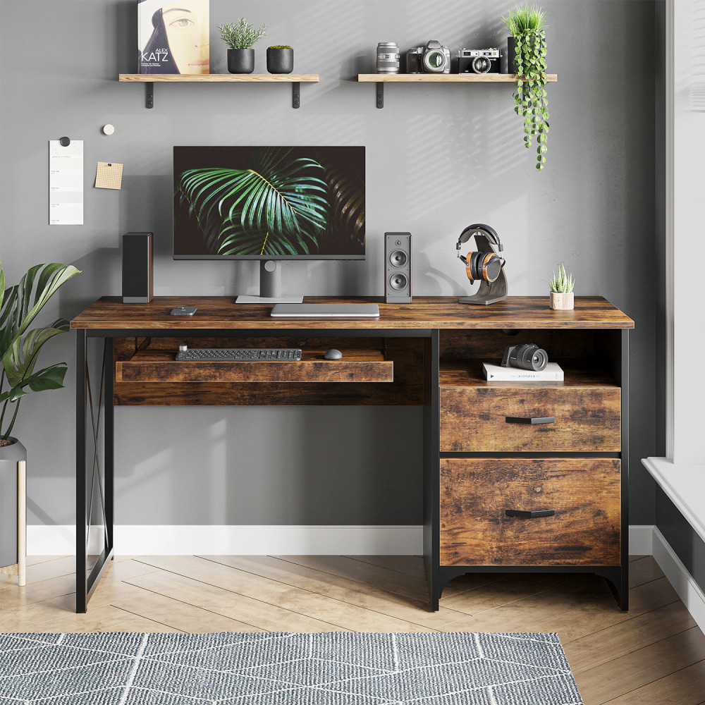 Bestier 56inW Office Desk With Drawers & Tray, Rustic Brown MPN:D374Q-RST