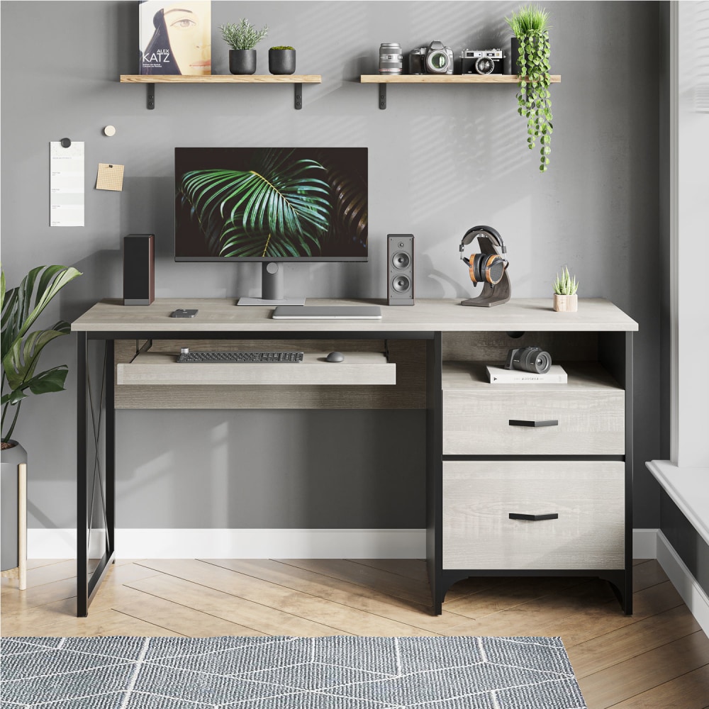 Bestier 55inW Office Desk With Drawers & Tray, White MPN:D374Q-WHTW