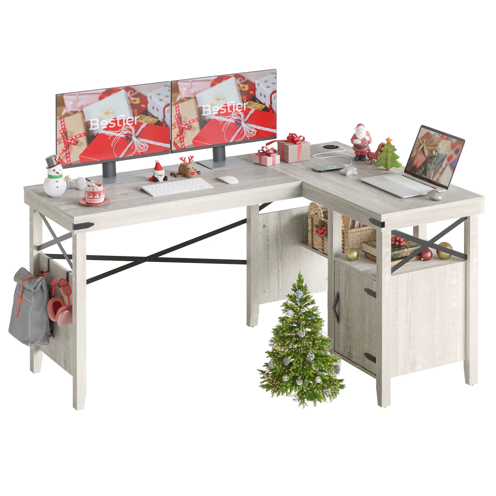 Bestier 60inW L-Shaped Corner Computer Desk With Storage Cabinet & Accessory Hooks, White Wash MPN:H1005153-WHTW