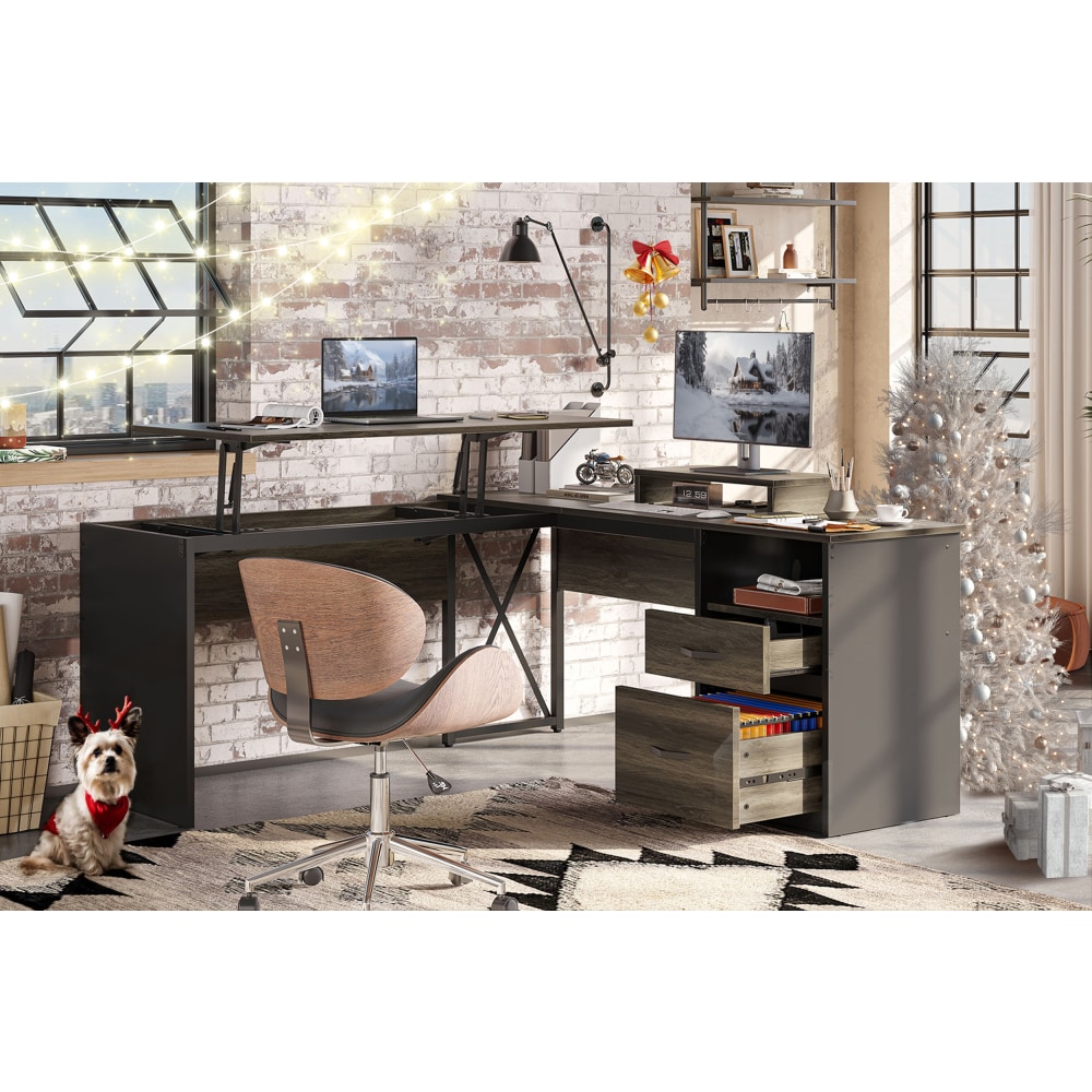 Bestier 56inW L-Shaped Standing Computer Desk With Drawers & Monitor Stand, Dark Retro Gray Oak MPN:H100914E-RGOD