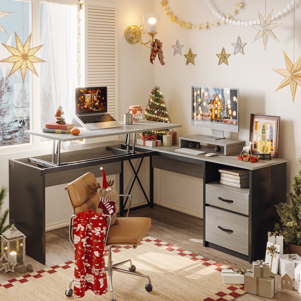 Bestier 56inW Standing Desk With Drawers & Monitor Stand, Light Retro Gray Oak MPN:H100914E-RGOL