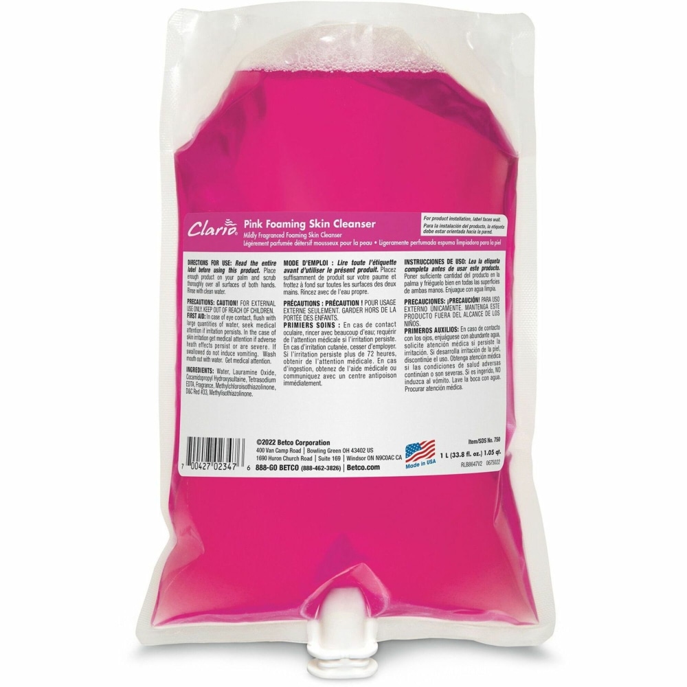 Betco Clario Pink Foaming Skin Cleanser Refills - 1.06 quart - Kill Germs - Skin, Hand - 6 / Carton MPN:7502900