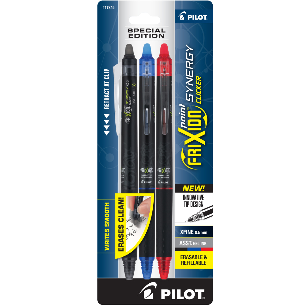 Pilot FriXion Synergy Clicker Erasable Retractable Gel Pens, Pack of 3, Extra-Fine Point, 0.5 mm, Black Barrel, Assorted Inks MPN:17345