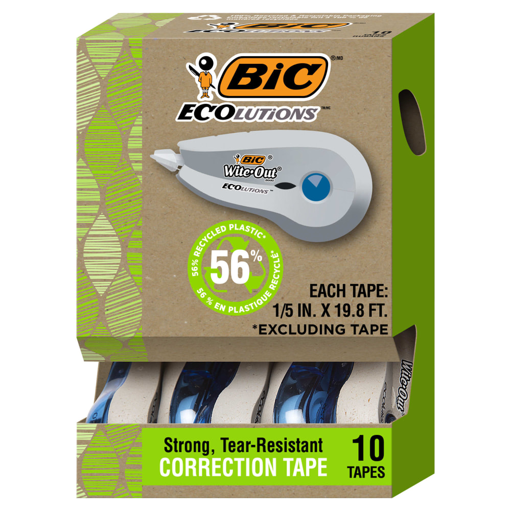 BIC Ecolutions Wite-Out Brand Correction Tape, 19.6 Feet, 10-Count Pack, Correction Tape Made from 56% Recycled Plastic Excluding Tape MPN:WOET10-WHI