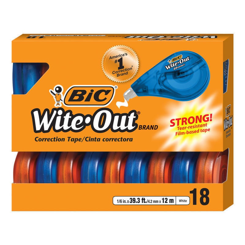 BIC Wite-Out EZ Correction Tape, 478-13/16in, White, Pack Of 18 Dispensers MPN:WOTAP18-WHI