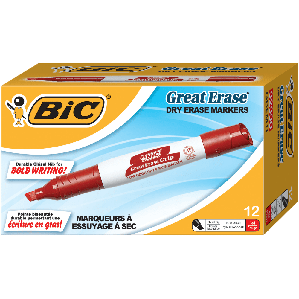 BIC Great Erase Grip Dry-Erase Markers, Chisel Point, Red Ink, Pack Of 12 MPN:GDEM11-RED
