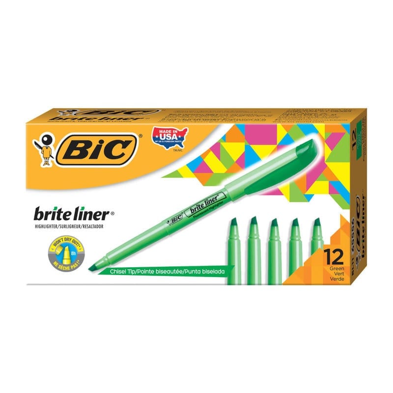 BIC Brite Liner Highlighters, Pocket Style, Chisel Tip, Green, Box Of 12 MPN:BL11-GRN