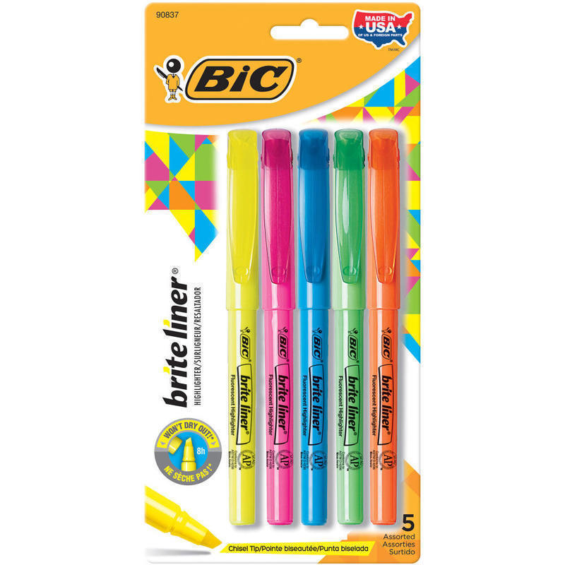 BIC Brite Liner Highlighters Pocket Style, Chisel Point, Assorted, 5-Pack MPN:BLP51W-AST