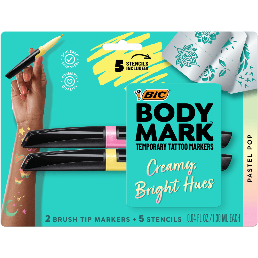 BIC BodyMark Temporary Tattoo Markers, Flexible Brush Tips, Black Barrels, Pastel Pink And Yellow Ink, Pack Of 2 Markers MPN:MTPBP2-AST