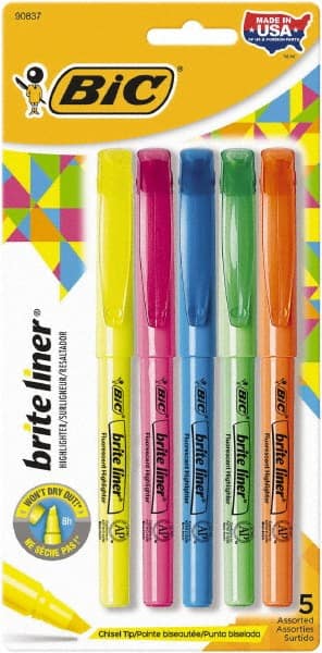 Highlighter Marker: Fluorescent Green, Yellow, Orange, Blue & Pink, Water-Based, Chisel Point MPN:BICBLP51WASST