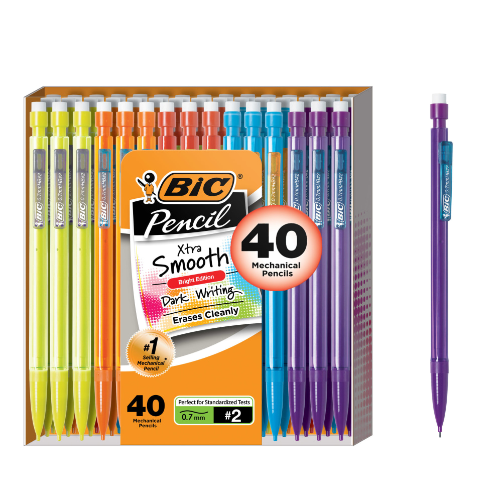 BIC Xtra Smooth Mechanical Pencils, Bright Edition, No. 2, Medium Point, 0.7 mm, Assorted Bright Barrels, Pack Of 40 Pencils MPN:MPCE40-BLK