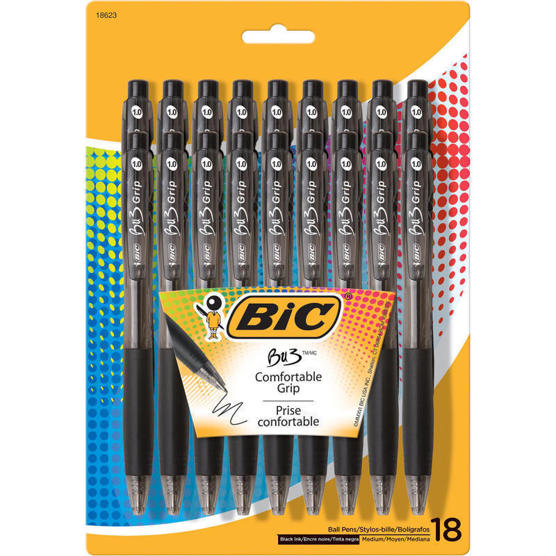BIC BU3 Grip Retractable Ballpoint Pens, Medium Point, 1.0 mm, Clear Barrel, Black Ink, Pack Of 18 Pens MPN:BU3P18-BLK