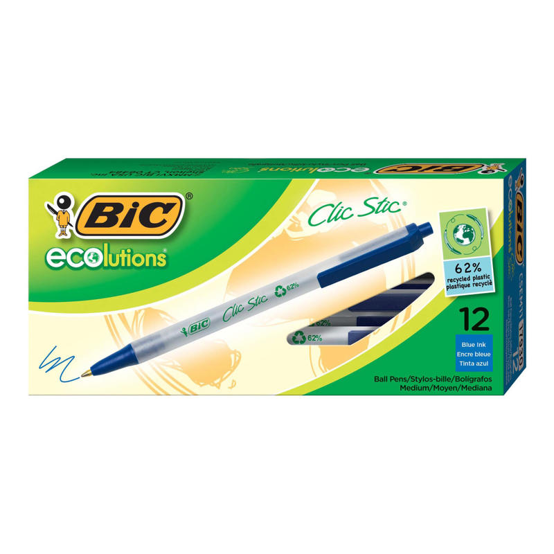 BIC Clic Stic Retractable Ball Pens, Pack Of 12, Medium Point, Clear Barrel, Blue Ink MPN:CSEM11BE