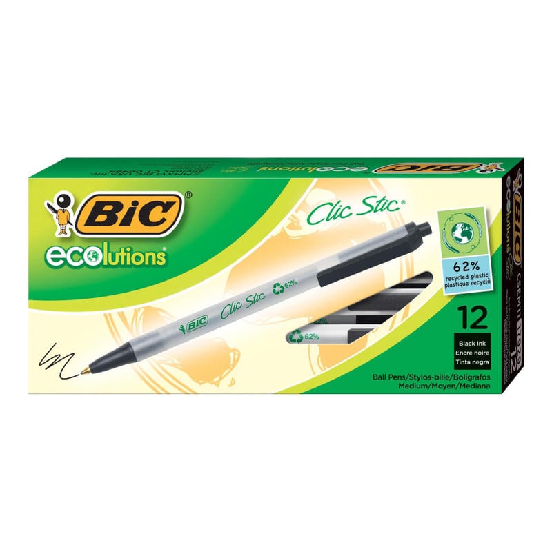 BIC Ecolutions Clic Stic Retractable Ballpoint Pens, Medium Point, 1.0 mm, Clear Barrel, Black Ink, Pack Of 12 MPN:CSEM11BK