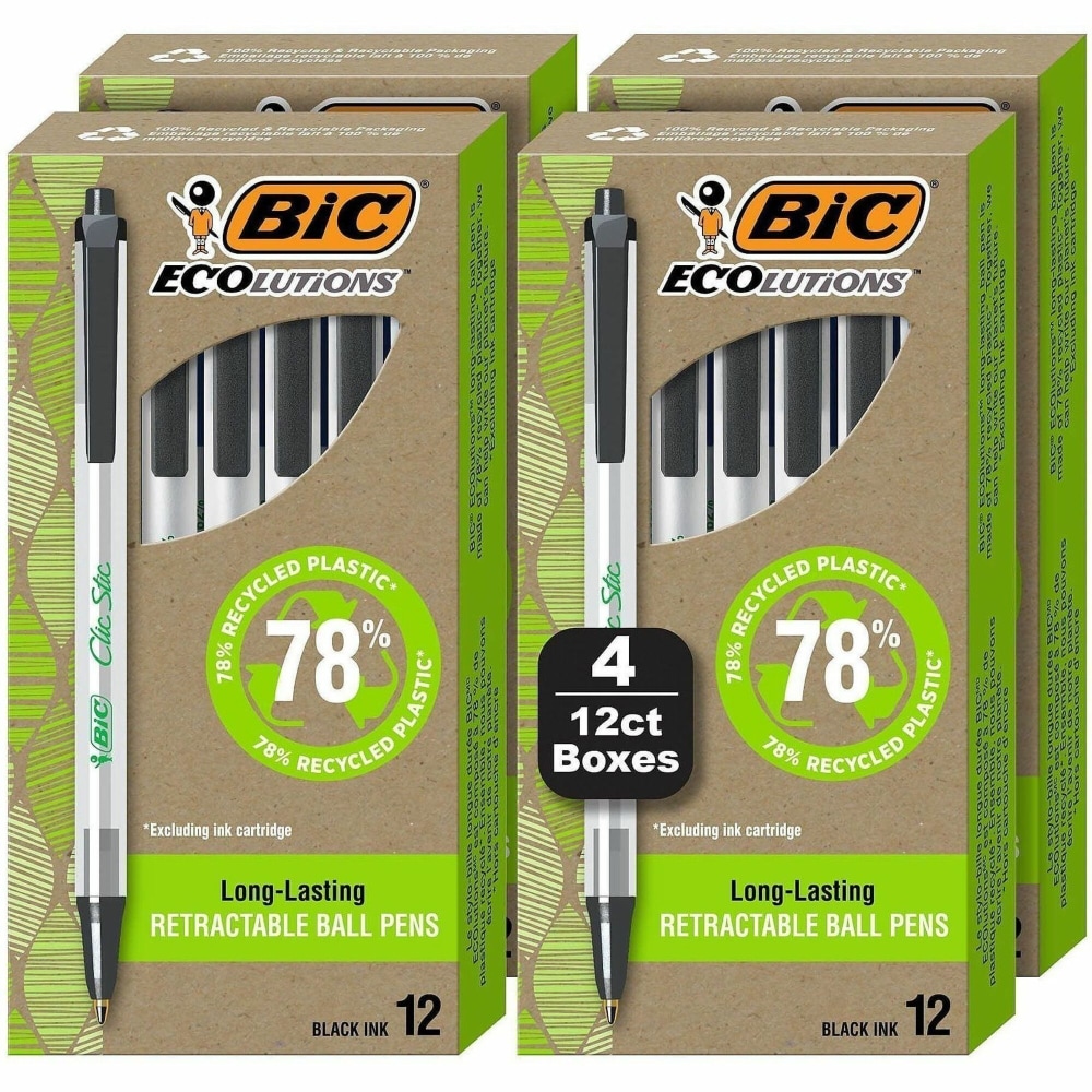 BIC Ecolutions Clic Stic Ballpoint Pen - Medium Pen Point - 1 mm Pen Point Size - Retractable - Black - Semi Clear Barrel - 48 / Pack MPN:CSEM48BK