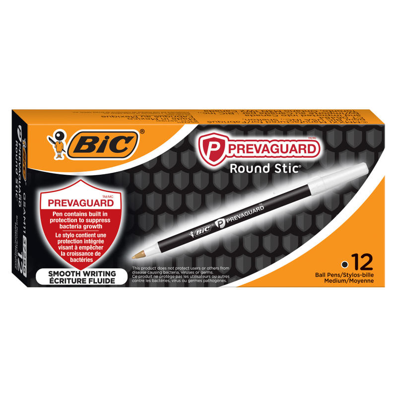 BIC Prevaguard Round Stic Pens With Antimicrobial Additive, Medium Point, 1.0 mm, Black Barrel, Black Ink, Set Of 12 Pens MPN:GSAM11-BLK