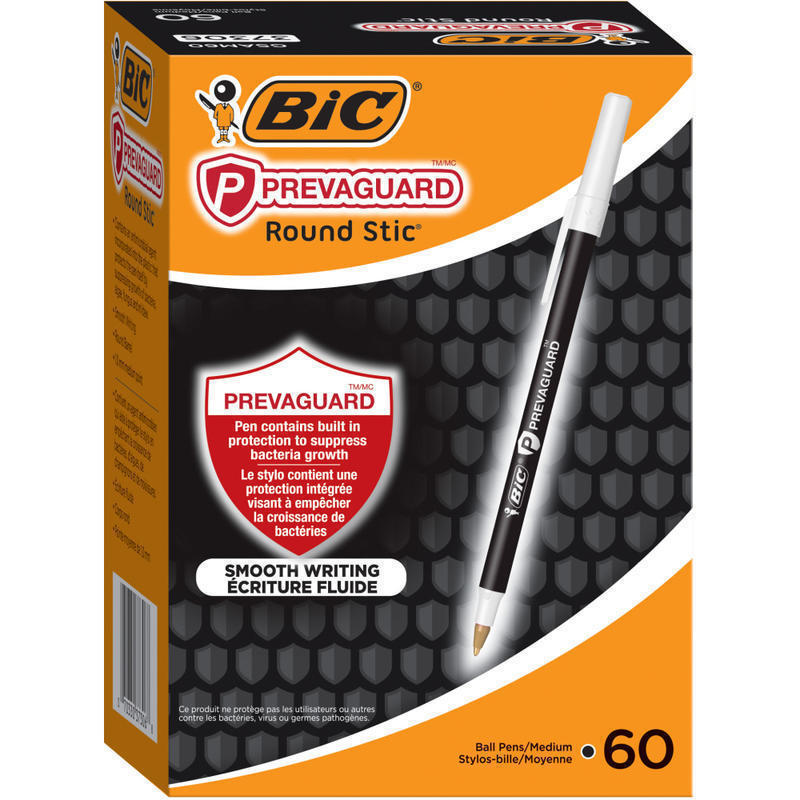 BIC Prevaguard Round Stic Pens With Antimicrobial Additive, Medium Point, 1.0 mm, Black Barrel, Black Ink, Pack Of 60 Pens MPN:GSAM60-BLK