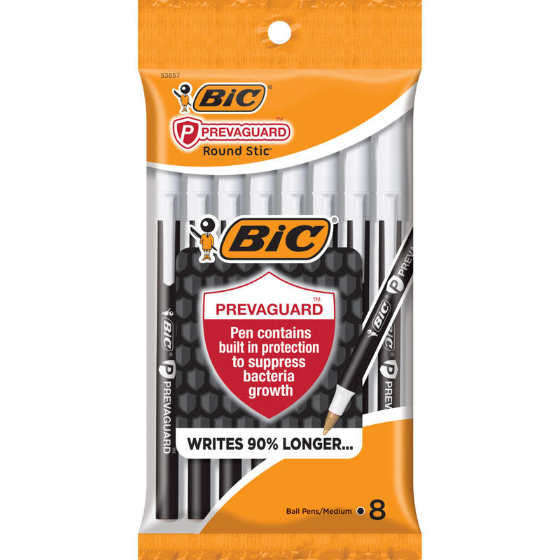 BIC Prevaguard Round Stic Pens With Antimicrobial Additive, Medium Point, 1.0 mm, Black Barrel, Black Ink, Pack Of 8 Pens MPN:GSAMP81-BLK