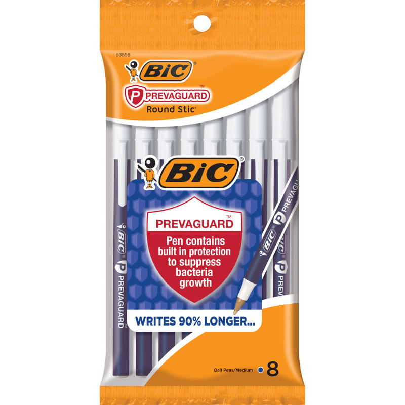 BIC Prevaguard Round Stic Pens With Antimicrobial Additive, Medium Point, 1.0 mm, Blue Barrel, Blue Ink, Pack Of 8 Pens MPN:GSAMP81-BLU